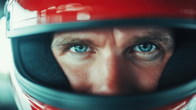 This close-up features a pair of intense blue eyes peering out from behind a racing helmet, exuding concentration and determination characteristic of motorsport enthusiasts and athletes. - Powered by Adobe