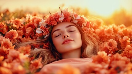 A serene woman lies among blooming flowers at sunset, radiating peace and beauty, embodying a moment of tranquility and connection with nature's vibrant colors.