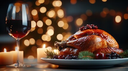 A beautifully presented Christmas turkey adorned with cranberries and garnished with festive greens, perfectly complemented by a glass of red wine in a cozy setting.