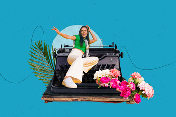 Composite zine trendy photo collage of happy girl guy stand retro typewriter machine novel library...