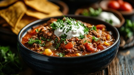 A vibrant bowl of chili topped with fresh parsley and accompanied by chips, showcasing an appetizing and hearty meal that highlights flavors and culinary artistry in food photography.