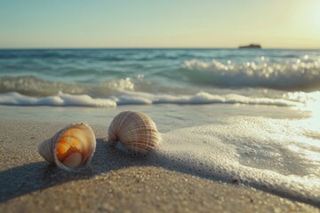 Obraz premium Beautiful seashells resting on sandy beach with gentle waves under summer sun, Seashells on sandy beach with waves in summer Photo background