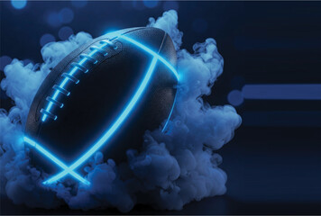 American football with bright blue glowing neon lines sitting. Futuristic American football with glowing blue lines, dark smoky background. Copy space for tournament banner or poster on media and web.