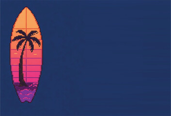 Pixel art Surfboard with Palm and blue Background. Blank for text copy space tourism poster or banner idea. Floral surfboard. 