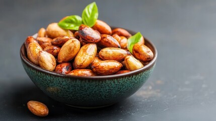 A decorative bowl filled with deliciously roasted nuts garnished with fresh basil leaves, enticing viewers with its rich texture and natural beauty of healthy snacks.