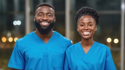 Positive and cheerful healthcare professionals smiling confidently in scrubs highlighting support and teamwork in modern medical environments while demonstrating dedication and compassion toward