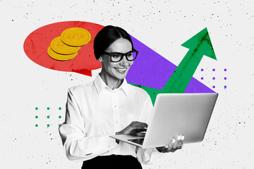 Creative trend artwork design collage sketch of young businesswoman smile hand hold laptop arrow up...