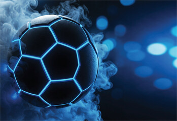 Soccer ball with bright blue glowing neon lines sitting. Futuristic soccer ball with glowing blue lines, dark smoky background. Copy space for tournament banner or poster on media and web.