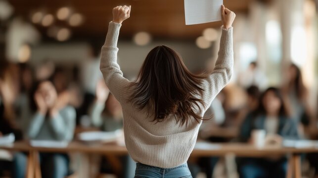 A young woman raises her arms in triumph, holding a paper aloft in a lively classroom, surrounded by enthusiastic peers applauding her success and joyous spirit.