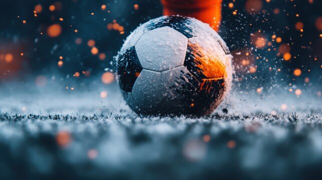 A close-up shot of a soccer ball splashing through the snow, capturing the excitement and intensity of sports during winter, showcasing movement and energy.