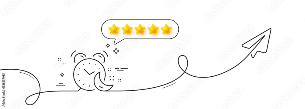 Poster alarm clock line icon. continuous line with share plane. night sleep time sign. bedtime watch symbol