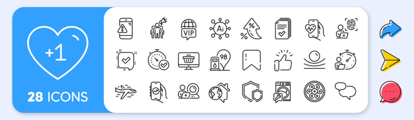 Obraz premium Video conference, Vip internet and Computer fingerprint line icons. Interest rate, AI generate, Inflation icons. Pack of Airplane, Web shop, Warning message icon. Vector