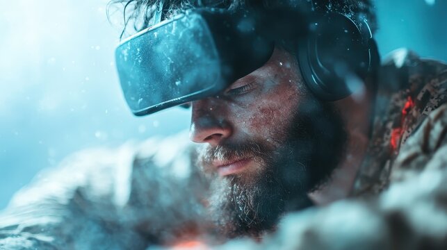 A focused man with a beard and VR headset, deeply engaged in a virtual reality world, showcasing the intersection of technology and human experience in modern gaming.