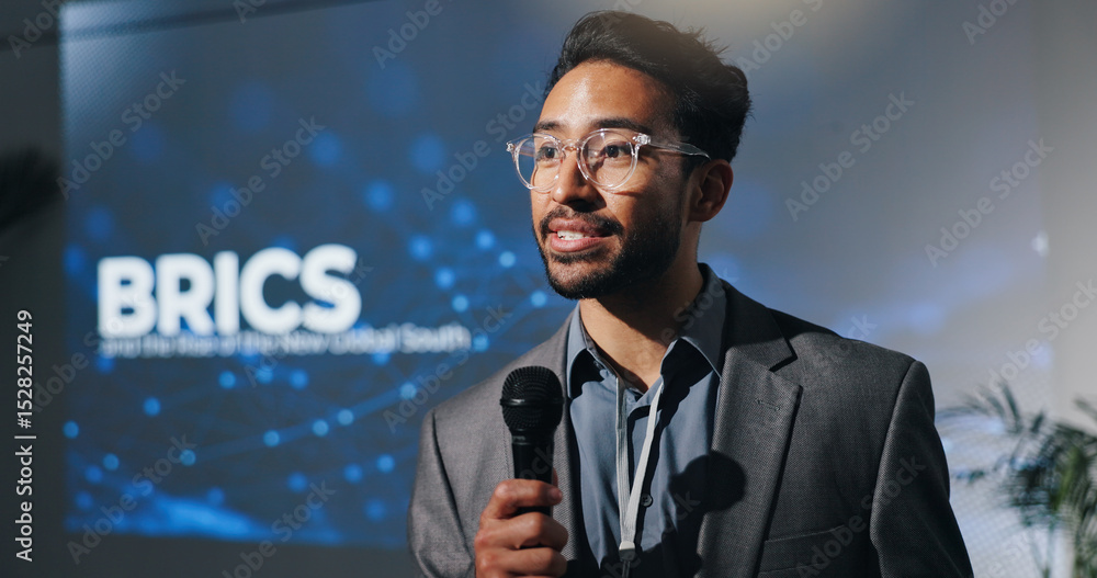 Poster Microphone, seminar and speech with business man in auditorium for presentation on BRICS union. Development, symposium and workshop with speaker on podium or stage for economic conference and forum