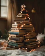 Cozy Book Christmas Tree with Fairy Lights - Holiday Decor