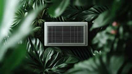 An air conditioning unit nestled among vibrant green foliage, symbolizing the intersection of modern technology and nature's beauty, showcasing sustainability and comfort.