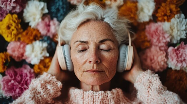 A serene elderly woman peacefully meditating with headphones while surrounded by colorful flowers, illustrating tranquility, mindfulness, and the joy of inner peace at any age.