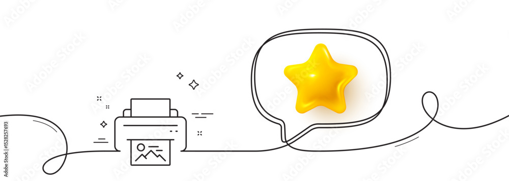 Poster print image line icon. continuous line with 3d star. photo printer sign. picture symbol. 3d star in 