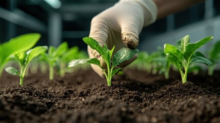A close-up image of a skilled hand planting young seedlings in rich, dark soil, symbolizing growth, care, and the nurturing spirit of gardening and sustainable practices.