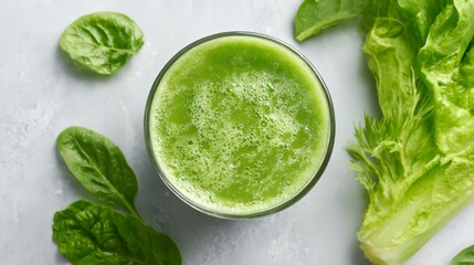 Obraz premium Glass of green juice is on a table next to a green leaf.