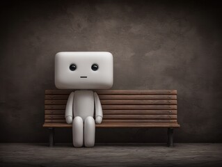 A solitary figure with a block-shaped head seated on a rustic wooden bench against a textured dark wall creating a visual narrative of loneliness and introspection in a minimalist setting