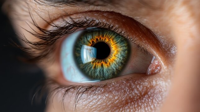 An extreme close-up of a human eye, showcasing stunning colors and intricate details of the iris, capturing attention and evoking curiosity about human perception.