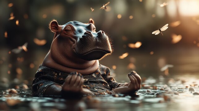 A whimsical scene of a hippo dressed in casual attire, sitting serenely in water while meditating, surrounded by floating leaves, embodying tranquility and playfulness.