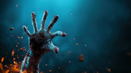 A chilling close-up of a bloodied, decaying hand reaching out from darkness, capturing the horror and suspense of a zombie apocalypse in a visually striking manner.