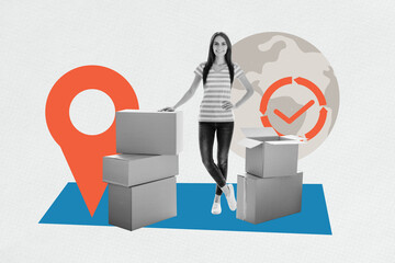 Trend artwork sketch design 3D collage of young lady stand hand hold pile box earth map location...