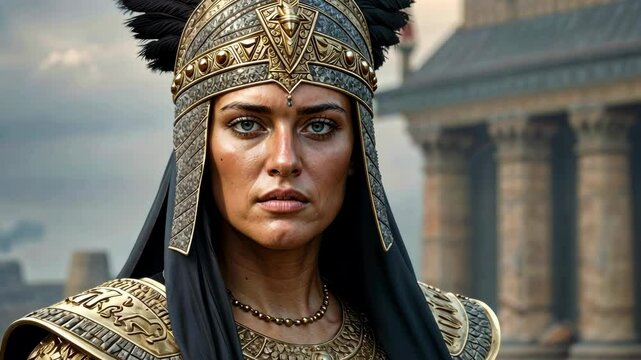 Brave woman warrior in golden armor of medieval times