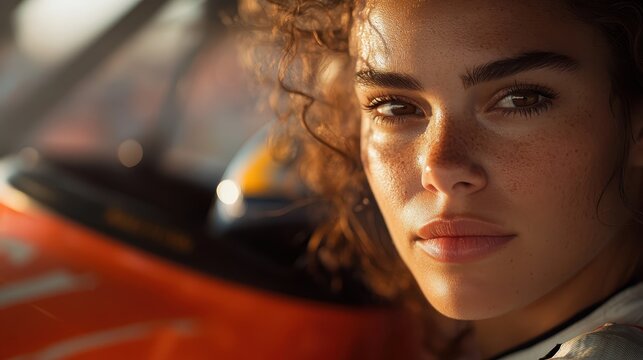 A close-up portrait of a young woman with curly hair and freckles, capturing the intensity in her gaze against a backdrop of a racing helmet, evoking determination and passion.
