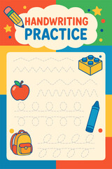 Obraz premium A colorful handwriting practice sheet with dotted lines, featuring a pencil, apple, backpack, crayon, and toy block, ideal for educational and kids' design projects.