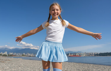 Joyful 12 year old girl jogging on the beach in a light blue skirt against a vibrant city skyline and clear blue sky