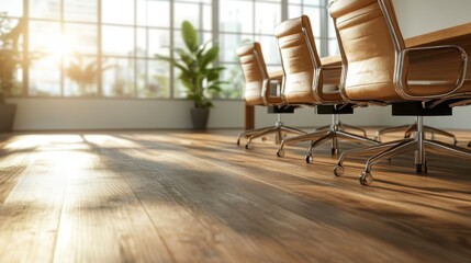 A beautifully lit conference room featuring a polished wooden table and stylish chairs, enhanced by abundant natural light and lush indoor plants for a productive atmosphere.
