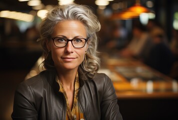 A sophisticated woman with silver hair and glasses poses in a modern café, exuding elegance and intellect in a stylish environment filled with warm lighting and ambiance.