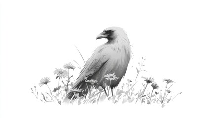 Monochrome crow amongst wildflowers.