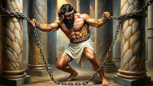 The biblical hero of superhuman strength who liberated God's people from Philistines