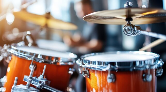 A vibrant drumming session captures the energy and intensity of live music, showcasing the drums and cymbals in sharp focus, surrounded by atmospheric lighting.