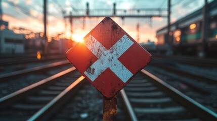 A striking image of a train crossing sign illuminated by a sunset, capturing the essence of urban transit and the fleeting moments of everyday life against a beautiful backdrop.
