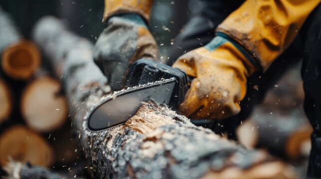 A close-up of hands wearing gloves operating a chainsaw on a log, with sawdust flying around, showcasing the precision and intensity of woodcutting in a natural setting.