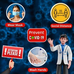 Prevent COVID-19 Infographic with Safety Measures: Wear Mask, Social Distance, Wash Hands Guidelines Post Design