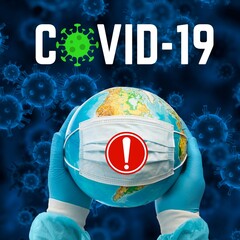 Conceptual COVID-19 Pandemic Illustration: World Globe Wearing Face Mask Held by Medical Hands Global Health Crisis Warning