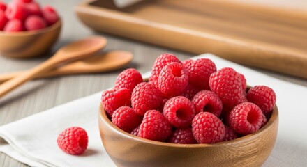 A close-up, elevated shot of a rustic wooden bowl overflowing with fresh, vibrant red raspberries, set on a table with a white napkin and wooden utensils.