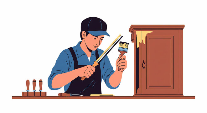 Concentrated Man Painting Wooden Cabinet - Home Improvement