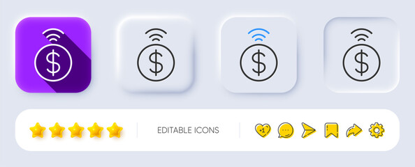 Contactless payment line icon. Neumorphic, Flat shadow, 3d buttons. Dollar exchange sign. Finance symbol. Line contactless payment icon. Social media icons. Vector