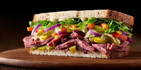 sandwich with smoked rib meat and vegetables 