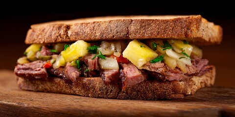 sandwich with smoked rib meat and vegetables 