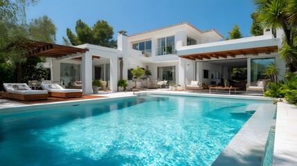 Fototapeta premium Stunning luxury villa with a beautiful pool and a serene, sunny atmosphere.