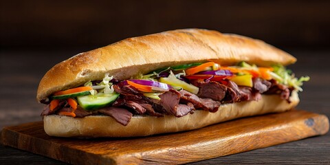 sandwich with smoked rib meat and vegetables 