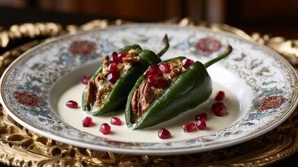 Chiles en nogada, stuffed poblano peppers, creamy walnut sauce, pomegranate seeds, traditional Mexican dish, elegant plating, baroque background